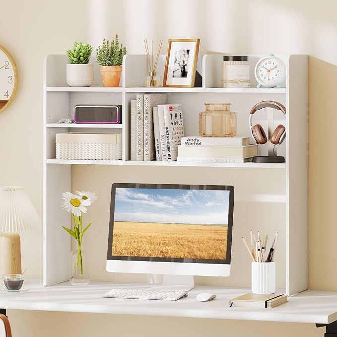 Tangkula Desktop Bookshelf for Computer Up to 32”, 37” Countertop Storage Hutch with 6 Storage Shelves, 3-Tier Desktop Organizer Display Rack, Wooden Desk Hutch for Dorm Home Office (White)