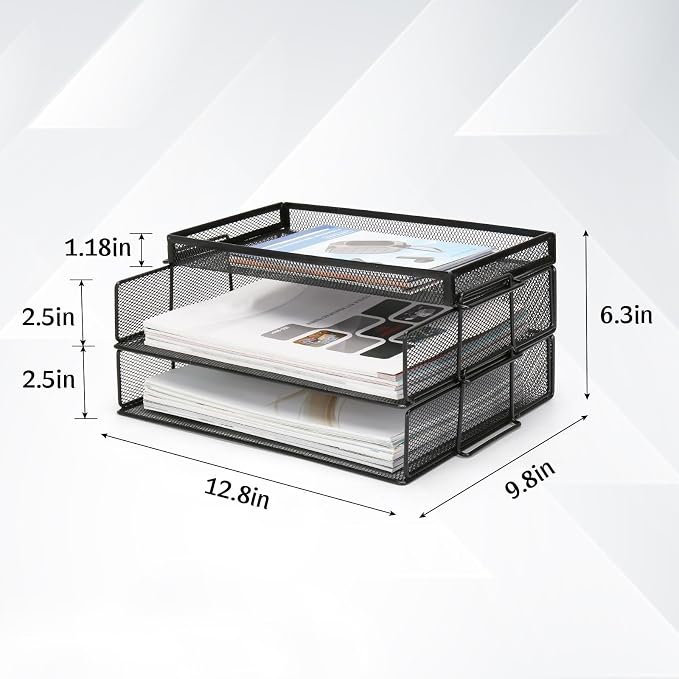Office Drawer Organizer, 2 Tiers Stackable Paper Tray Organizer for Desk, Standing Papers File, Black Mesh/Office File Collation