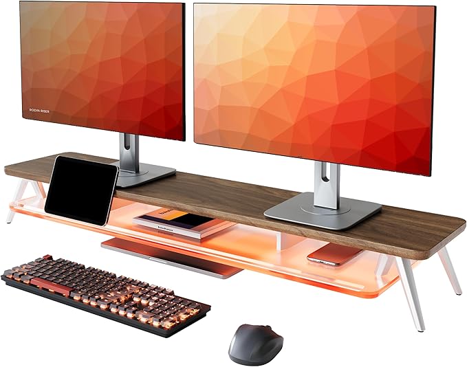 Fenge Dual Monitor Stand with 8-Mode LED Lights and Frosted Shelf, Brown | Sturdy Aluminum Legs, Built-In Phone & Tablet Slot, 2-Tier Storage, 42.5-Inch Desk Shelf for Gaming, Home Office & Streaming