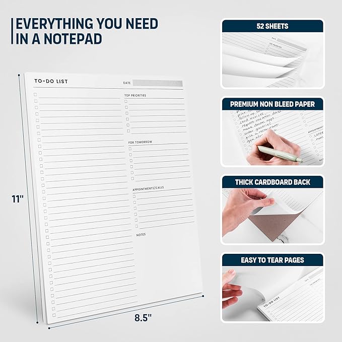 To Do List Notepad: With Multiple Functional Sections - Large Size 8.5x11" 52 Sheets - Tear Off Daily Planner Notebook - Task CheckList Organizer Agenda Pad for Work - Note, Plans, Goals, Grocery, and
