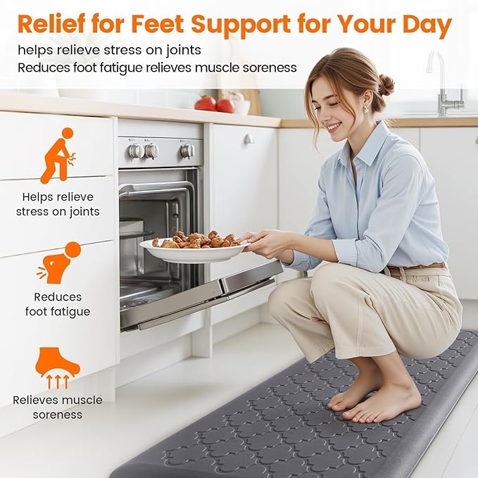 4/5 Inch Thick Anti-Fatigue Kitchen Mat Water Resistant Non-Slip Kitchen Floor Mat Ergonomic Comfort Standing Mat for Home Kitchen Office Laundry 17.3"x 60" Grey