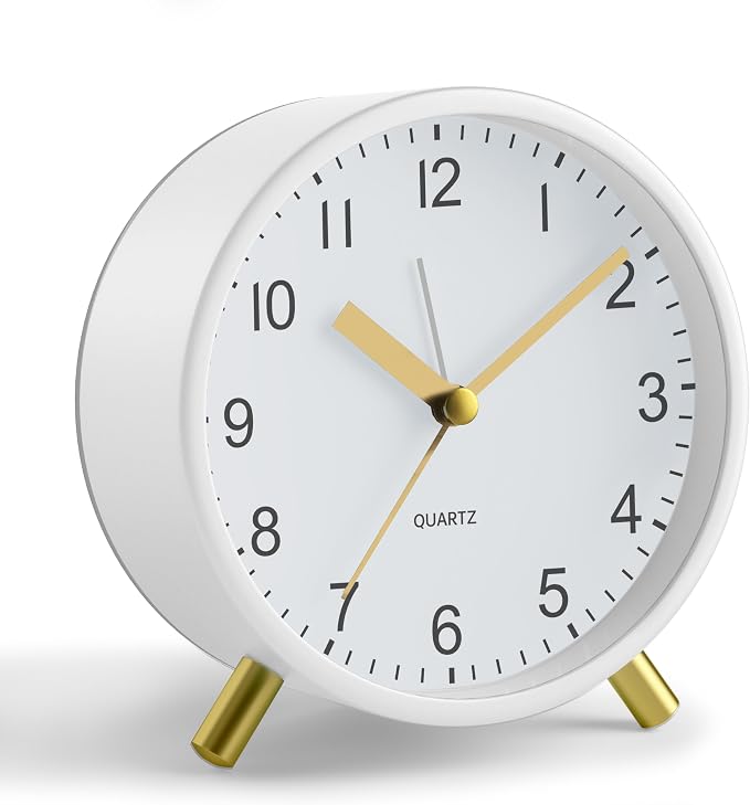 JALL Analog Alarm Clock, 4 inch Super Silent Non Ticking Small Clock with Night Light, Battery Operated, Simple Design, Easy Setting for Office, Bedroom, Bedside, Desk, Teens, Elders, Adult, White