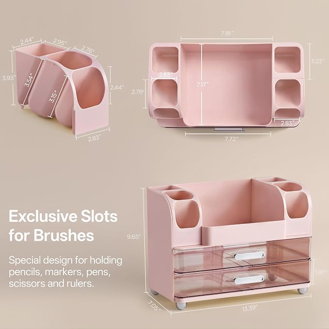 HBlife Desk Organizer with Pencil Pen Organizer for Desk, Pen Holder with 2 Drawers, Desk Organizers and Accessories with Compartments, Desktop Storage for Office Home School Art Supplies, Pink