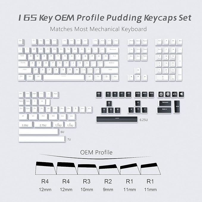 Womier Pudding Keycaps, PBT Shine Through Keycaps 165 Keys Set Custom Key caps Set OEM Profile, Universal Compatiability for 100%, 75%, 65%, 60% Keyboard-White