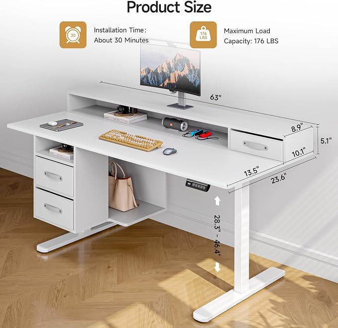 ONBRILL Standing Desk with Drawers, 63x24 Inch Electric Stand Up Desk with 3 Drawers and Open Storage Shelf, Adjustable Height 28-46 Inches for Home and Computer Workstation, White