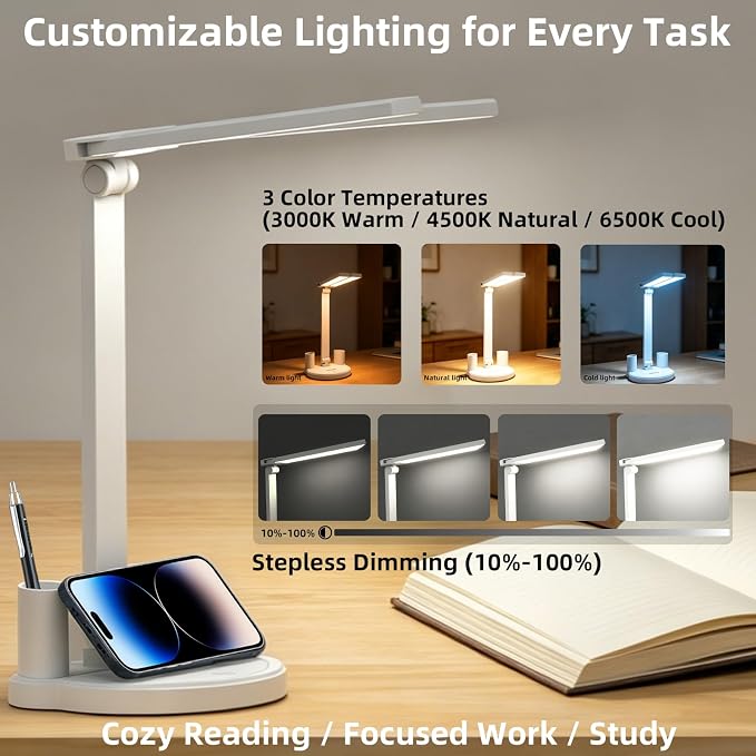 LED Desk Lamp for Home Office Bedroom, Battery Operated Dimmable Table Lamp with Pen Holder, 3 Color Modes, Small, Dimmable, Rechargeable, Phone Mount, Touch Control