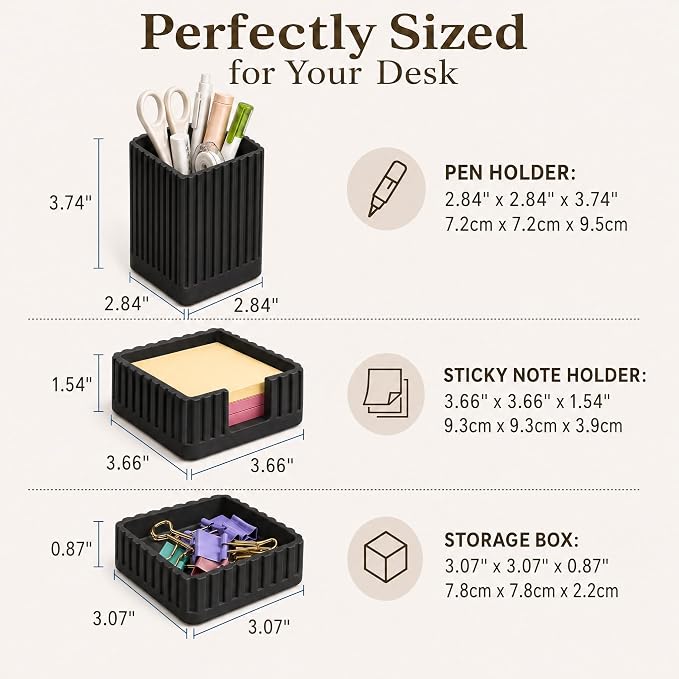 Desk Organizer Set of 3 for Office Accessories - Includes Pen Holder, Paperclip Storage, and Sticky Note Holder - Aesthetic Concrete Desktop Accessories for Women or Men, Office Decor (Black)