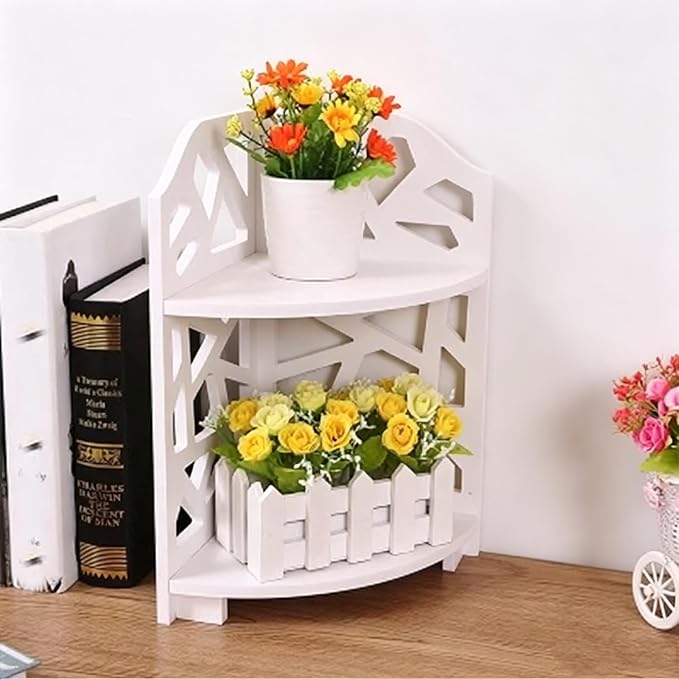 HornTide 2-Tier Corner Shelf, Brief Fashion Organizer Storage Rack, for Cosmetic Doll Potted-Plant Vitamins Supplements Caddy, DIY Desk/Table Decoration, Wood-Plastic Composites, White