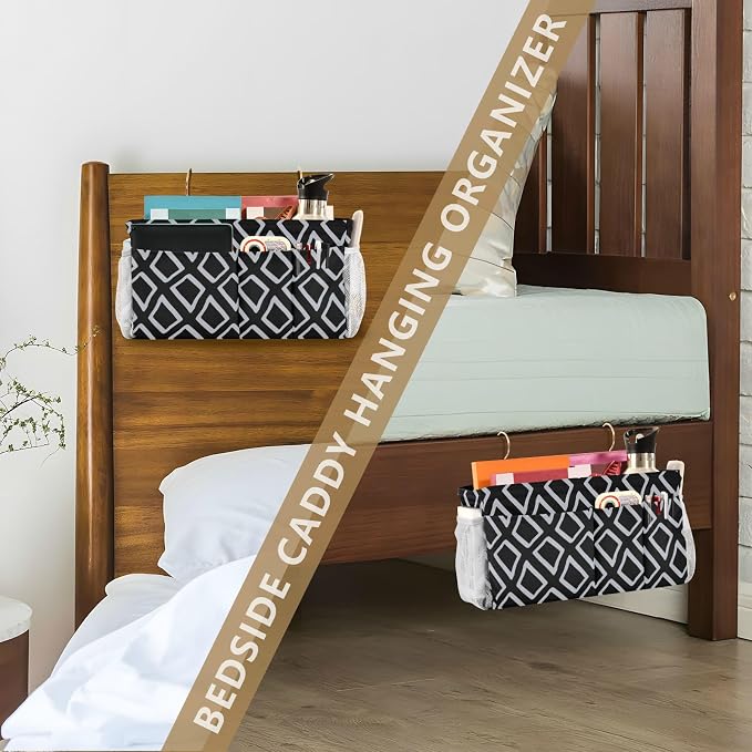 Bedside Table Caddy Rocking Chair Storage Bag for Dorm, Bunk, Loft, Hospital Bed Blue-gray Square