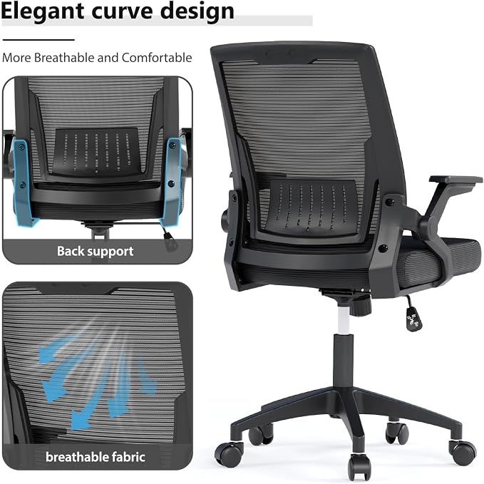 OS MOTOR Ergonomic High-Back Mesh Office Chair with Lumbar Support | Flip-up Armrests, Adjustable Height, Swivel Rolling Base, Breathable Mesh, Comfort, Home, Office, Work, Study, Gaming