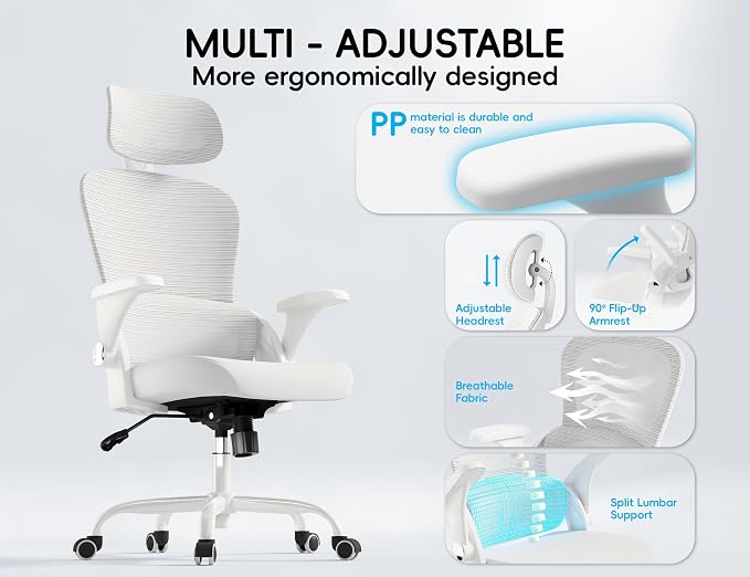 TRALT Office Chair - Ergonomic Office Chair with Back Support, Home Office Desk Chairs, 330lbs Wide Seat Big and Tall Office Chairs with Headrest, Comfy Desk Chairs (White)