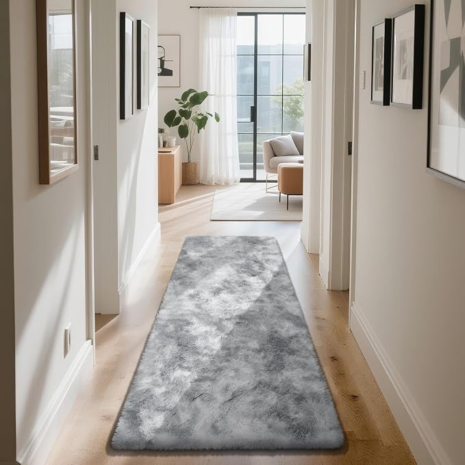 Soft Runner Rugs for Bedroom, Mottling Grey 2x6 Area Rugs Fluffy Rug Shag Area Rug Carpet, Bedside Rug for Living Room Bedroom Room Home Decor