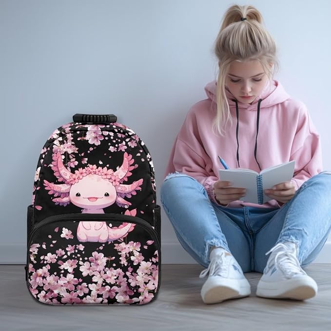 ZFRXIGN Cherry Blossom Axolotl Kids Backpack for Girls Bookbag with Cute Pendant 17inch Elementary School Bag and Insulated Lunch Box Portable Pencil Case Black