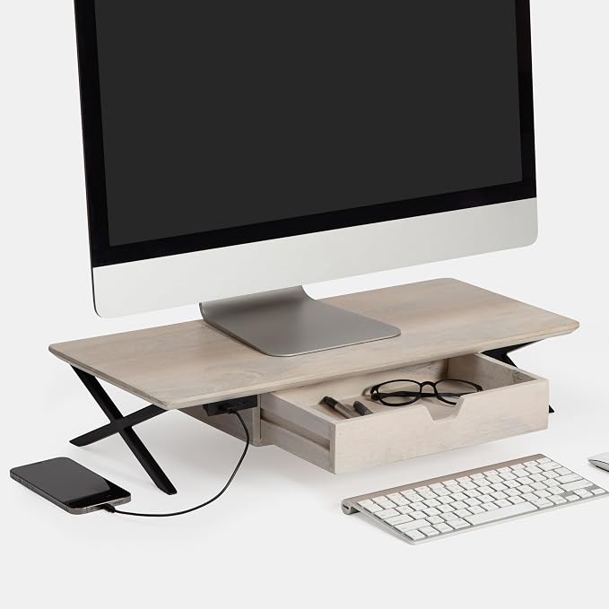 Anji Mountain Monitor Stand - Desktop Organizer & Laptop Riser, Ergonomic Monitor Riser, Space-Saving Monitor Stand for Desk, Durable Construction, Easy Assembly, Ideal for Home & Office,White Wash