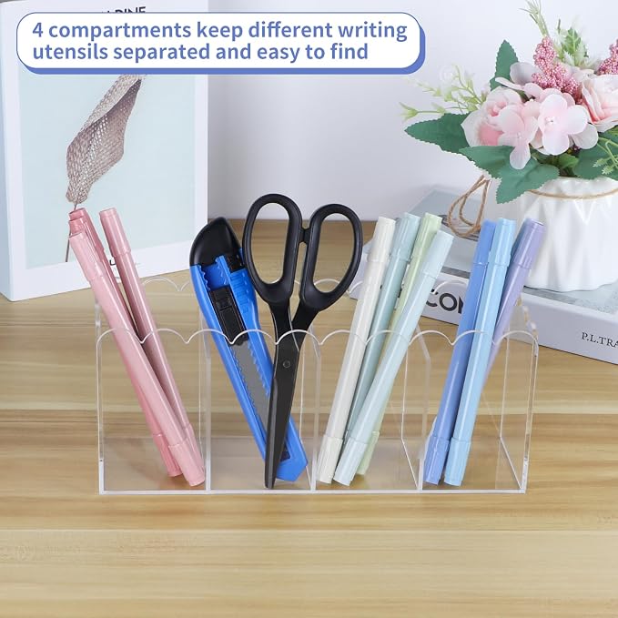 MOLIGOU Acrylic Pencil Holder, 4 Compartments Clear Pen Organizer, Desktop Pencil Holder with Scalloped Edges