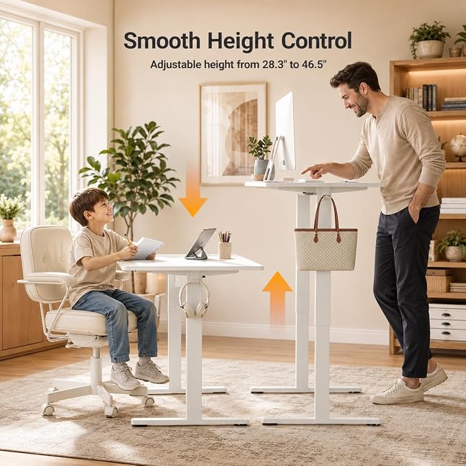 Claiks Electric Standing Desk 48x24 Inch Adjustable Desk, White | 156lbs weight capacity, 3 memory presets, industrial steel frame, cable management hub, adjustable height , easy assembly