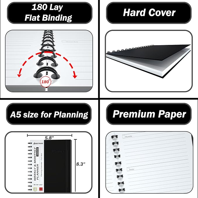 Undated Monthly and Weekly Planner - 12 Month Calendar Planner Notebook with Week Days - Hardcover Undated Planners Blank Agenda Book - A5 Black