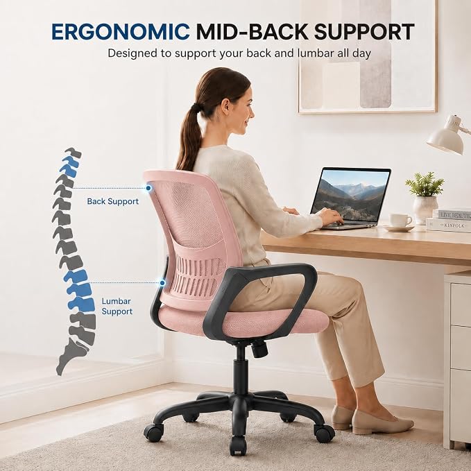 Ergonomic Office Chair, Home Office Desk Chair, Game Chair with Lumbar Support, Breathable Mesh Chairs, Swivel Desk Chairs for Computer, Home, Office, 360° Swivel (Pink)