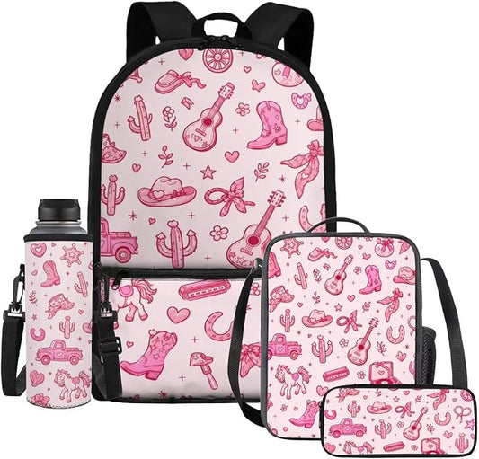 WELLFLYHOM 17 Inch Western Cowgirl School Backpack for Kids 5-6 Girls | Pink Book Bag with Lunch Box Pencil Case Water Bottle Case Back to School Supplies