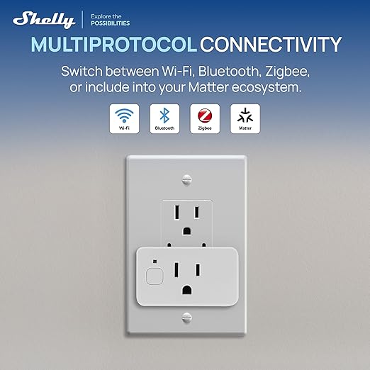Shelly Smart Plug UL, WiFi, Bluetooth, Zigbee, Matter Outlet with Power Metering, Works with HomeKit, Google Home, Alexa, Home Assistant, Smart Socket, Easy Setup (2, White)