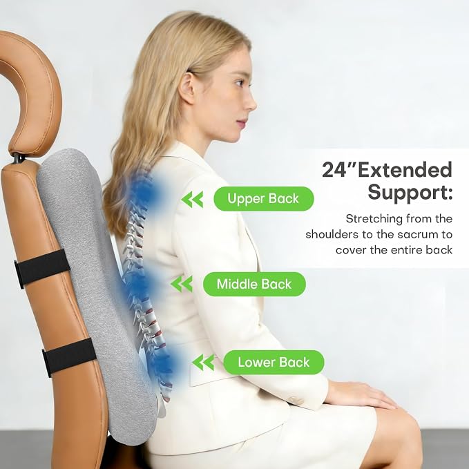 Back Support for Office Chair, 24" Full Back Memory Foam Cushion | No Forward Push Design • Lumbar & Back Pain Relief • Extended Upper Back & Neck Comfort • Dual Adjustable Straps