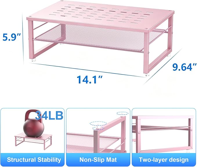 Gianotter 2-Tier Metal Monitor Stand Riser, Workspace Organizer with Desk Accessories, Office Storage for Supplies (Pink)