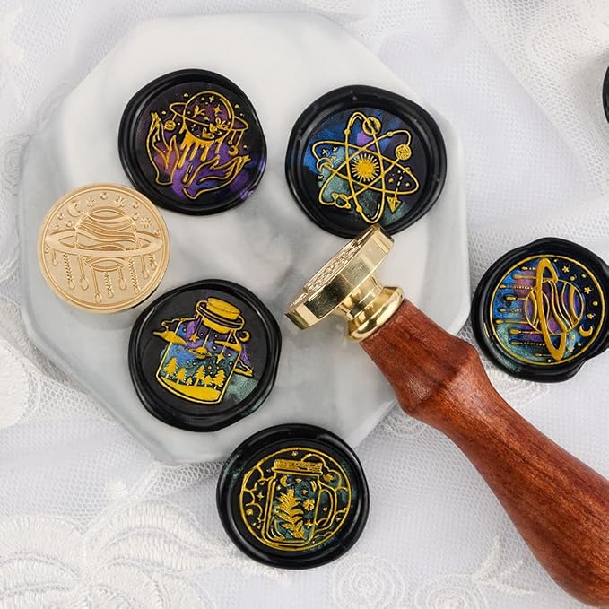 Wax Seal Stamp Kits, 6 pcs Wax Stamp Brass Head & 1 Wooden Handle, 6 Designs (Magic Hourglass/Planet/Space/Magic Forest/Mason Jar)