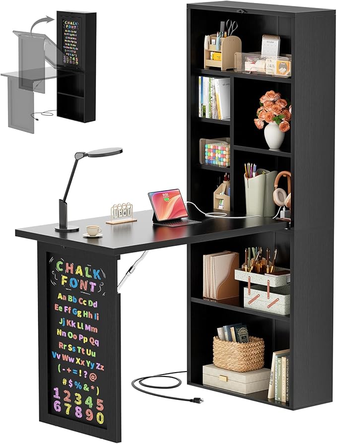 Armocity Small Folding Desk with Outlets, Convertible Writing Desk for Small Spaces/Home Office/Craft Room, Multi-Function Desk Workstation with Blackboard, Fold-Out Cabinet Table, Black