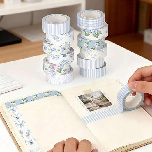 12 Rolls Watercolor Floral Washi Tape Set 15 mm Vintage Flower Decorative Masking Tape for Summer School Arts DIY Craft Scrapbook Journal Supplies Gifts(Light Blue,Hydrangea)