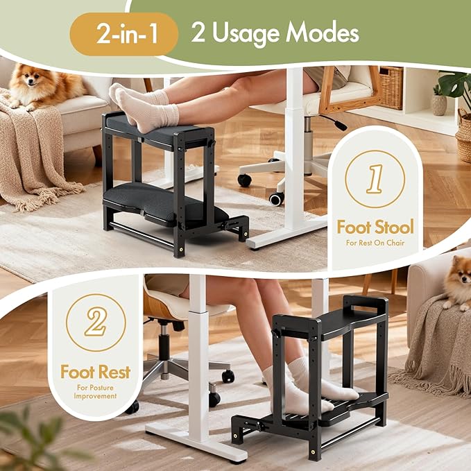Double Step Foot Rest Under Desk, Adjustable Wooden Desk Foot Rest with 4 Heights, Ergonomic Foot Stool with Cushion for Office, Gaming & Study (Black)