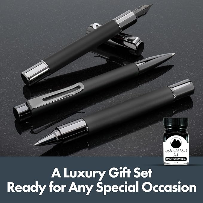 Monteverde Ritma 3+2 Piece Gift Set, Black - Includes Broad Nib Fountain Pen, Rollerball, Ballpoint, 30ml Ink & Refill - Luxury Writing Set for Pen Collectors, Writers & Professionals
