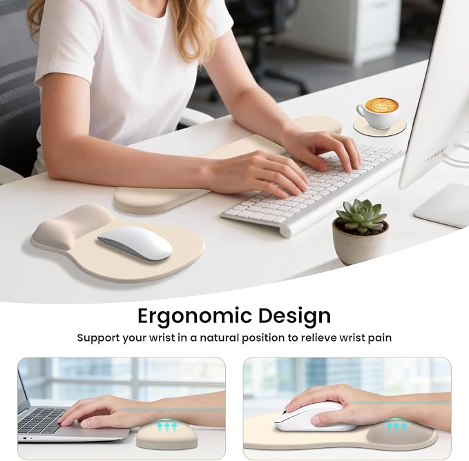 AKIT Ergonomic Mouse Pad and Keyboard Wrist Rest Set,Memory Foam,Apricot | Ergonomic Wrist Support for Typing and Gaming Gel Mouse Pad with Smooth Glide,Apricot Color Fits Home Decor,Reduces Fatigue