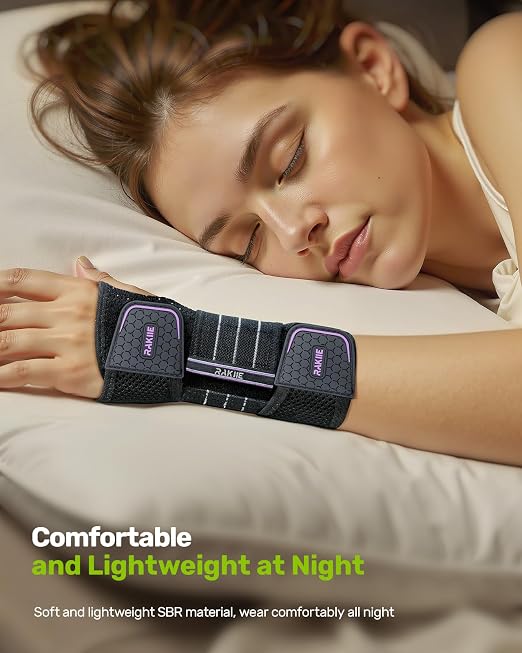Rakiie Carpal Tunnel Wrist Brace, Adjustable Night Wrist Support with 3 Metal Splints, Hand Brace for Men Women No Pressure on Thumb, Splint Stabilizer for Work, Arthritis (Left Hand, Purple, Small)