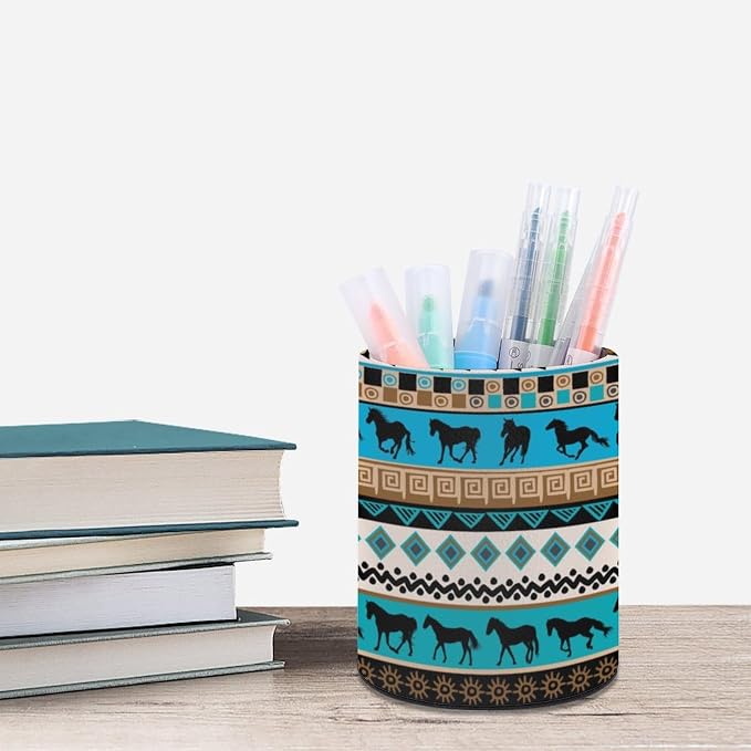 Tribal Aztec Horse Pen Holder for Desk PU Pencil Cup Organizer | Round Desks Makeup Brush Holder for School Multifunctional Office Supplies