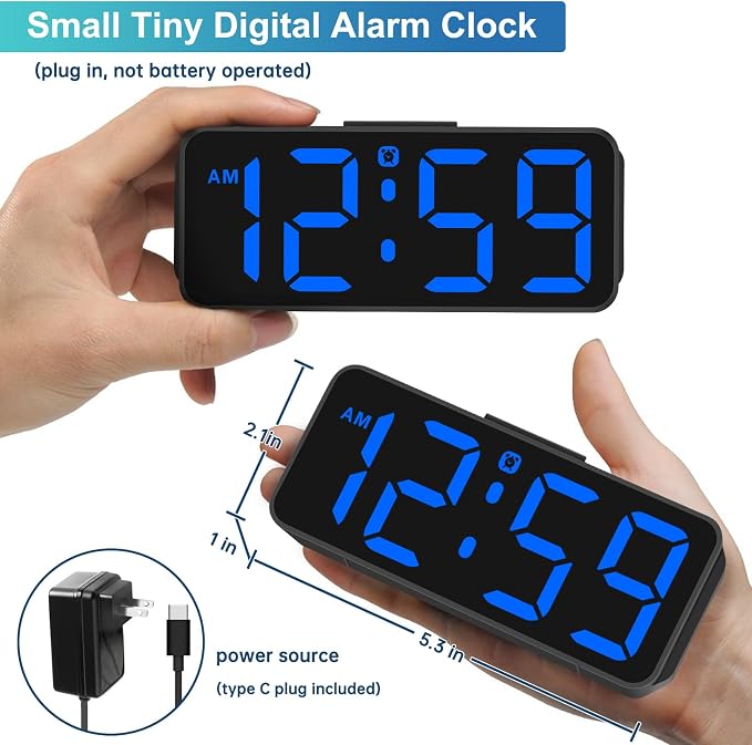 Peakeep Small Compact Digital Alarm Clock Plug-in for Bedrooms Bedside | Battery Backup Electric Clock, Large Big Numbers Display for Desk Table Small Spaces, 6 Dimmers, 5 Adjustable Alarm Volume