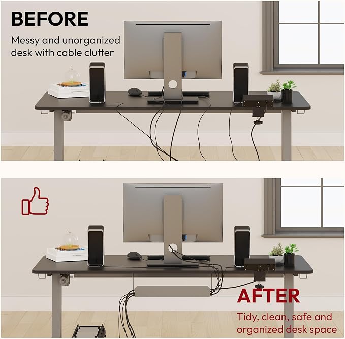 SANODESK Electric Standing Desk with Desk Clamp Power Strip 60"x 24" Whole-Piece Desktop Height Adjustable Stand Up Desk with Cable Management Sit Stand Home Office Desk Silver Frame/Black Top