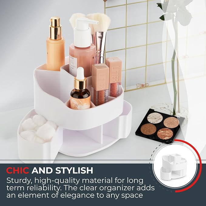 Masirs Small 360 Rotating Makeup Organizer, 5 Compartments, Square White | Small 360 Rotating Makeup Organizer, 5 Compartments, Acrylic Mini Lazy Susan, Vanity Bathroom Counter, Square White