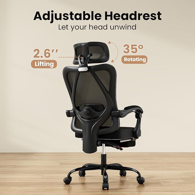 Farini Office Chair with Footrest, Ergonomic Mesh Office Chair with Headrest, High Back Desk Chair with Lumbar Support, Swivel Computer Chair for Home Office Study Room, Black and Black