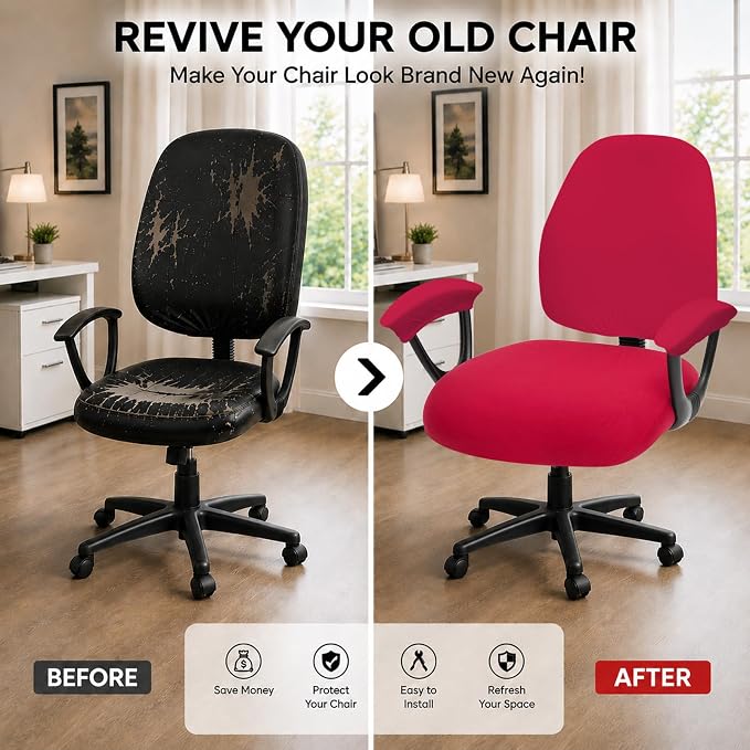 Stretchable Office Chair Seat Covers - Universal Stretch Computer Chair Slipcover - 180GSM Washable Rotating Backrest Coverings & Cushion Protectors & Armrest Covers for Dogs, Cats, Pets, Red