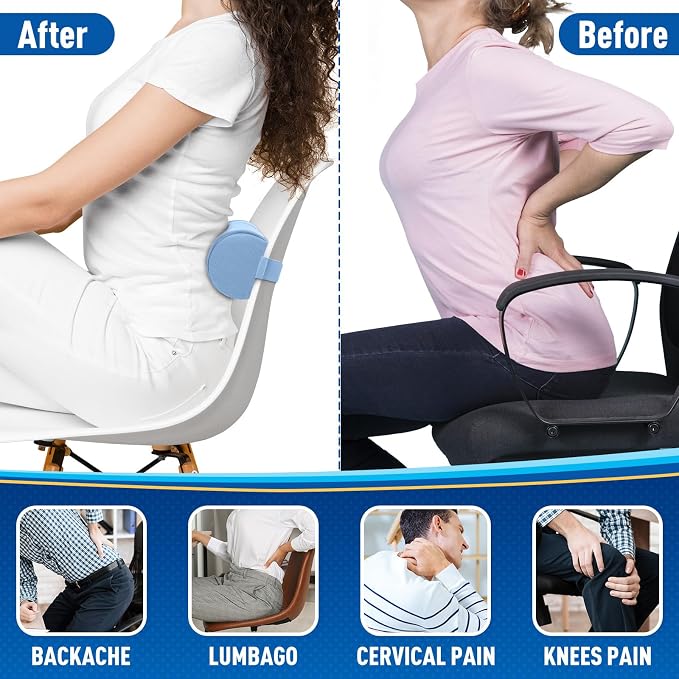 Lumbar Roll Support Pillow for Office Chair, Car, Gaming Chair, Memory Foam Back Cushion with Washable Cover for Relieving Back Pain & Improving Posture, Large,Light Blue