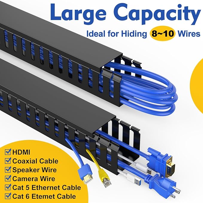 Open Slot Wiring Raceway Cable Duct,Cable Management Cord Track | 123" open slot cable raceway,Black 1.97x1.97",8 pcs desk wire channel to hide computer cables and cords