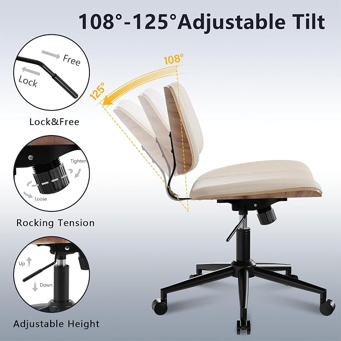 Modern Armless Office Chair with Wheels, Adjustable Swivel Desk Chair with Wide Seat and Tilt Function, Faux Leather Mid Century Task Chair for Home Office, Bedroom, Vanity, Beige