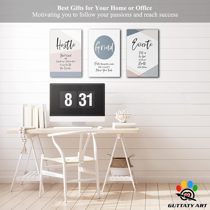 Office Wall Art - 3 Panel Motivational Wall Art, Inspirational Quotes Canvas Art for Home Office Wall Decor, Positive Quotes Wall Decor, Entrepreneur Grind Hustle Execution Poster Frame (12”x18”x3Pcs)