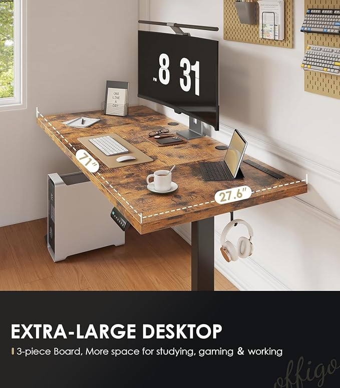 OffiGo 71" Executive Electric Standing Desk Height Adjustable, Rustic Brown | 1.38" Thick 3-Panel Desktop, Power Outlets, 3 Memory Presets, Dual-Beam Frame for Home Office, Workstation, Conference Room