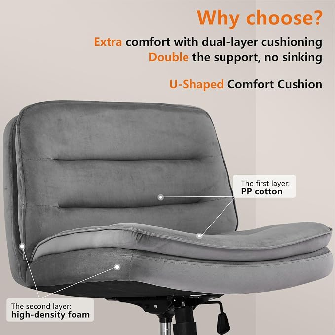 COMHOMA Criss Cross Chair with Wheels Armless Cross Legged Office Chair Wide Home Office Desk Chair Swivel Comfy Vanity Desk Chair Height Adjustable Mid Back Wide Seat Computer Task Chair