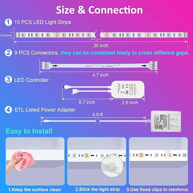 maylit 10 PCS 20In Smart RGB Under Cabinet Lights Kit, Work with Alexa and Google Assistant, App and Remote Control, Music Sync Color Changing, Timer, Dimmable, for Cabinet, Counter, Shelf, Bookcase