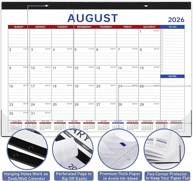 Desk Calendar 2026-2027 - 2026-2027 Desk Calendar, Jul 2026 - Dec 2027, 18 Months Calendar 2026-2027, 17" x 12", Desk Pad, Large Ruled Blocks, To-Do List & Notes, Desk/Wall Calendar for Planning or Organizing
