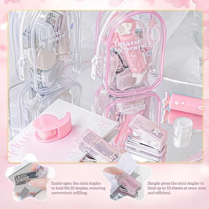 Christmas Gifts 7pcs Mini Stationary Kit with Compact Scissors Hole Punch Portable Stapler Mini School Supplies Kit Pink Stapler and Tape Dispenser Set for Students (Pink)