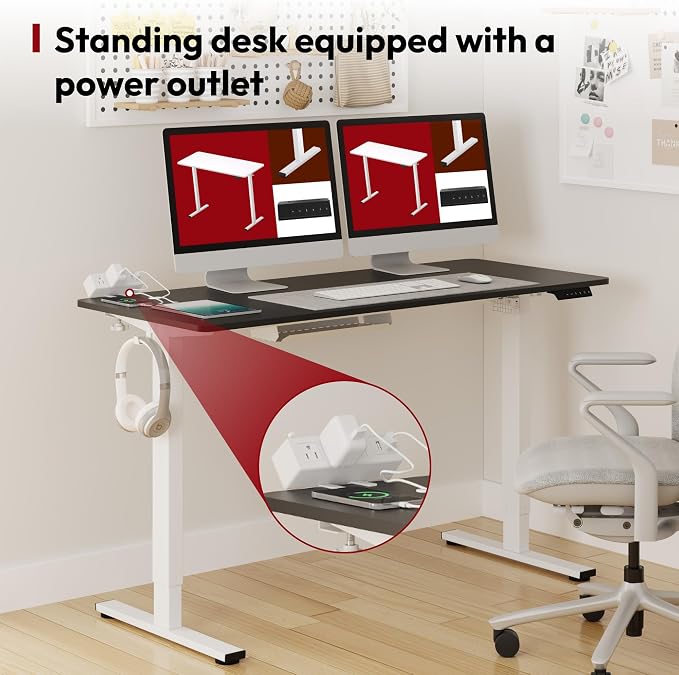 SANODESK Electric Standing Desk with Desk Clamp Power Strip 60"x 24" Whole-Piece Desktop Height Adjustable Stand Up Desk with Cable Management Sit Stand Home Office Desk White Frame/Black Top