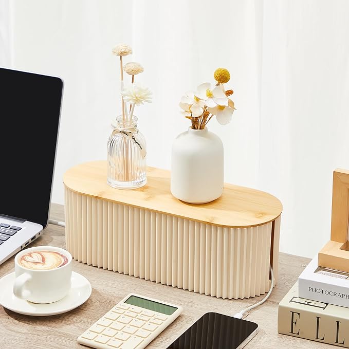 2 Pcs Cable Management Box, Fits Most Power Sockets, 11.8x5.1x4.3 in | Hides Cords & Power Sockets, Bamboo Lid, Beige & Black Options, Includes 48 Accessories, Home Office Desk or Floor Use